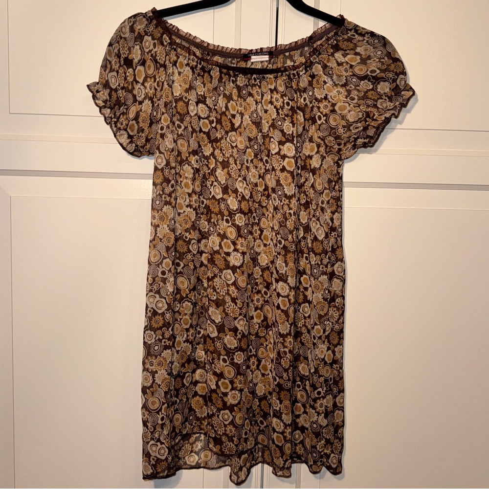 Vintage Retro Floral Brown Baby Doll cap Sleeve Blouse - fits like Small
